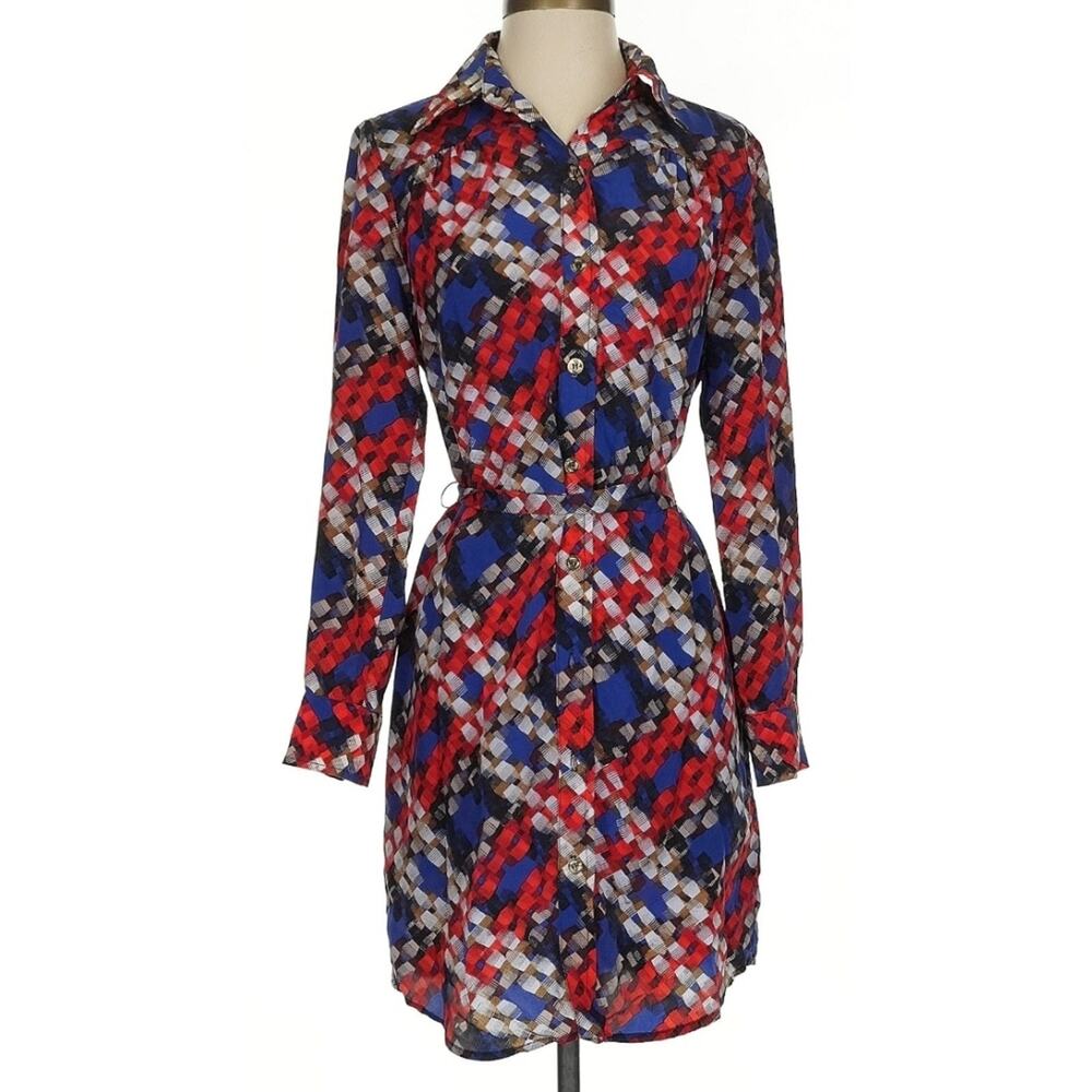 Trina Turk Vintage Red , White, Blue Printed Silk Shirt Dress (2)
